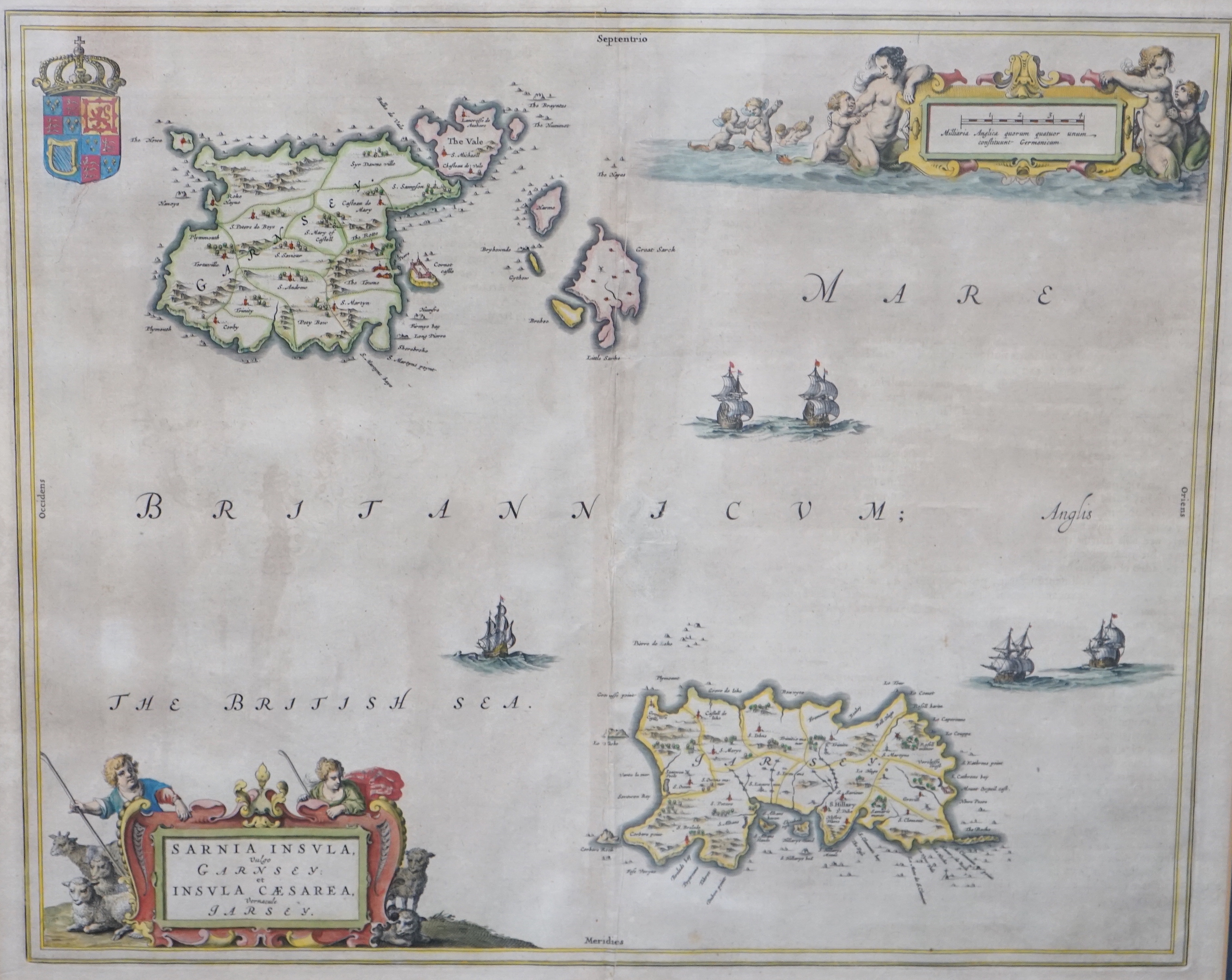 Willem Jansz Blaeu (1571-1638) CHANNEL ISLANDS - 17th century hand-coloured engraved map - ‘’Sarnia Insula vulgo Guernsey et Insula Caesarea vernacule Jarsey’’, circa 1645, 40 x 50cm